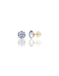 14K Yellow Gold 7MM Round CZ Pushback Stud Earrings><noscript><img width=